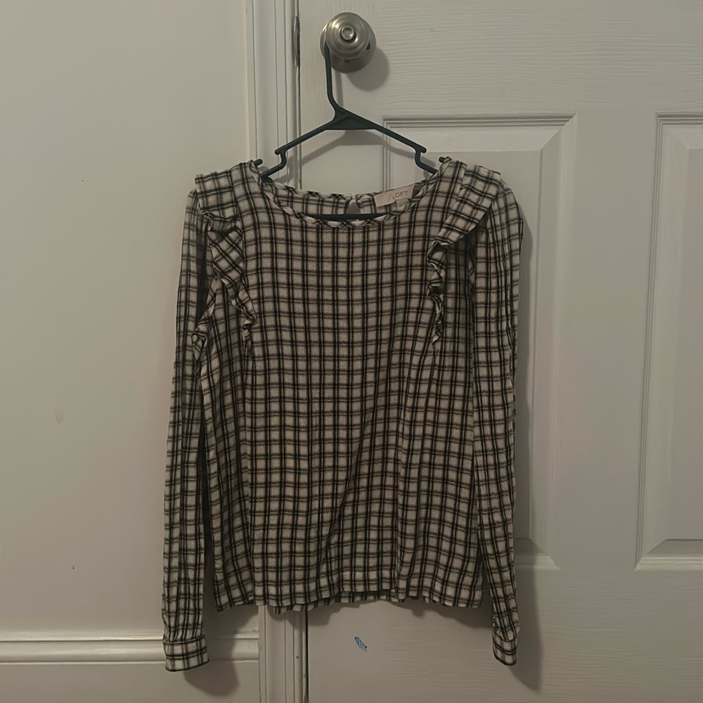 Loft Plaid Ruffle Long Sleeve Blouse